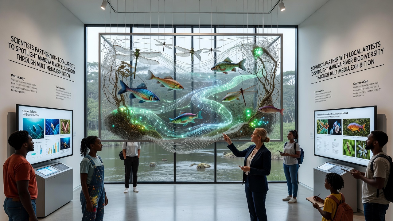 Multimedia exhibit installation showing river biodiversity projections and interactive elements