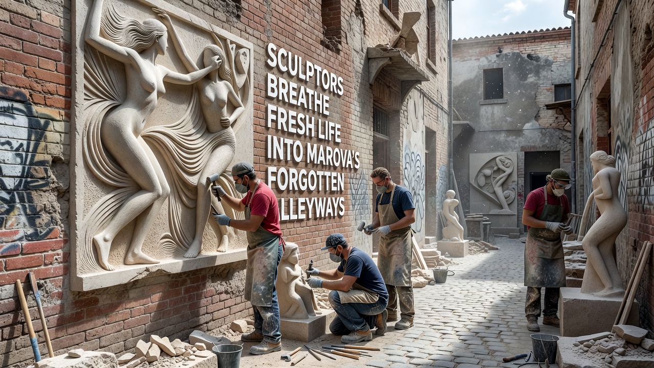 Close view of a finished metal and stone sculpture integrated into a Marova alley wall