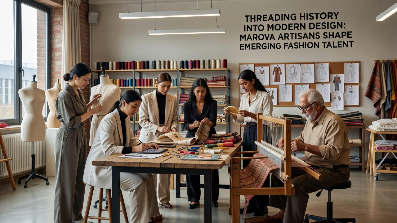 Emerging fashion designers collaborating with Marova artisans on a historical textile pattern adaptation